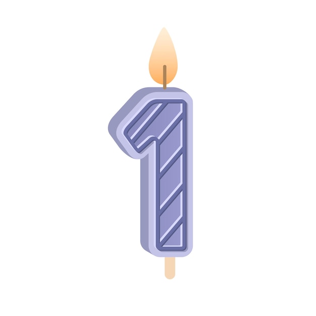 Vela de cumpleaños del número 1 por 1er aniversario. Luz de velas de cera en forma de figura brillante con llama para pastel de fiesta para niños de un año. Ilustración de vector plano aislado sobre fondo blanco