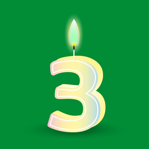 Vela de cumpleaños número tres con fuego 3D número 3 Ilustración vectorial EPS 10