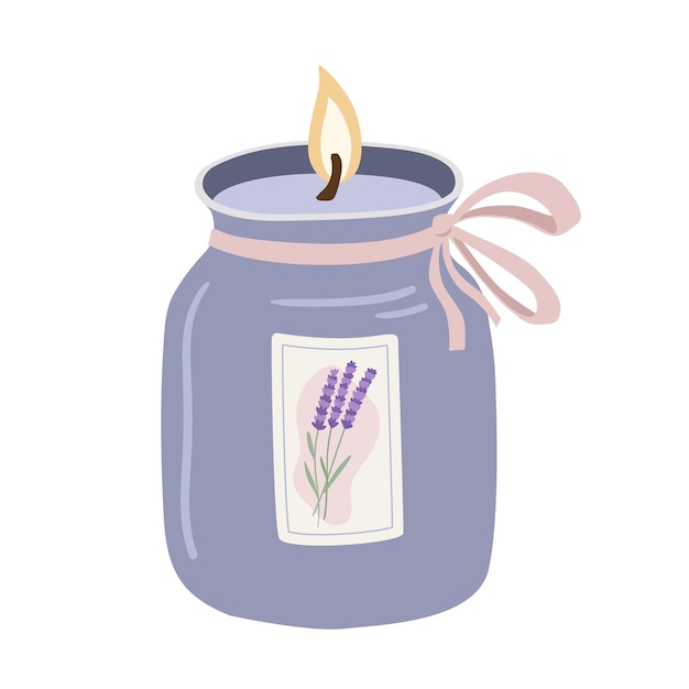 Vela encendida perfumada dibujada a mano en un frasco con lavanda aislada sobre fondo blanco Aromaterapia y relajación ilustración vectorial plana Crear atmósfera romántica decoración del hogar