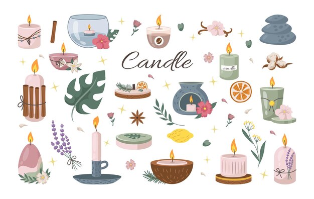Vela de fragancia Spa y aromaterapia Cera de soja para el hogar Aceite de coco perfumado Luce de vela esencial en frasco de vidrio o estaño Flor y piedra Candelabros aislados Vector Ilustración ordenada