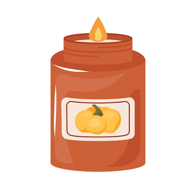 Vela en frasco con olor a otoño y pastel de calabaza La luz de las velas perfumadas exuda una atmósfera acogedora y relajada