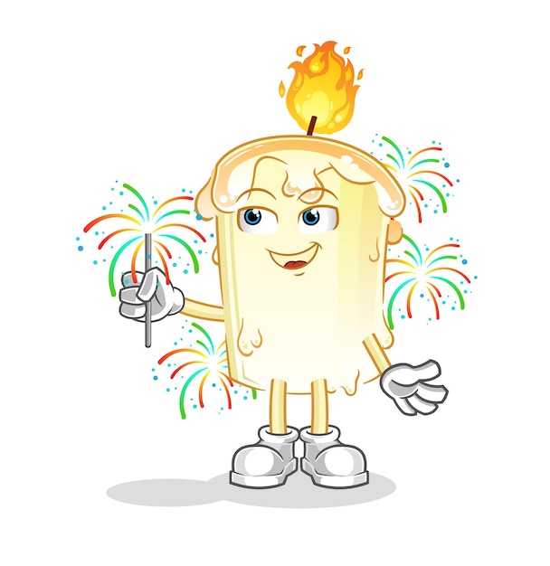 Vela con mascota de fuegos artificiales. vector de dibujos animados