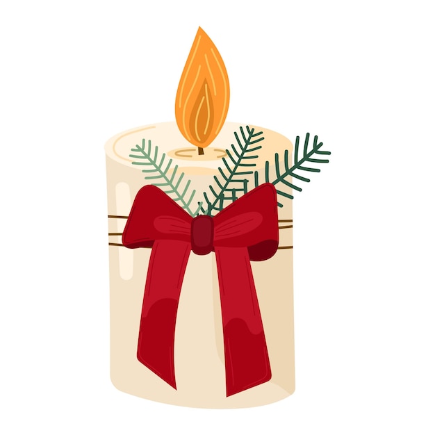 Vela de Navidad decorada con arco rojo y ramas de hoja perenne cálida llama brillante