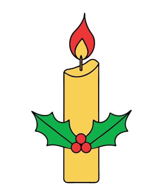 Vela de Navidad dibujada a mano con silueta de bayas