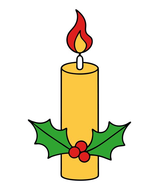 Vela de Navidad dibujada a mano con silueta de bayas