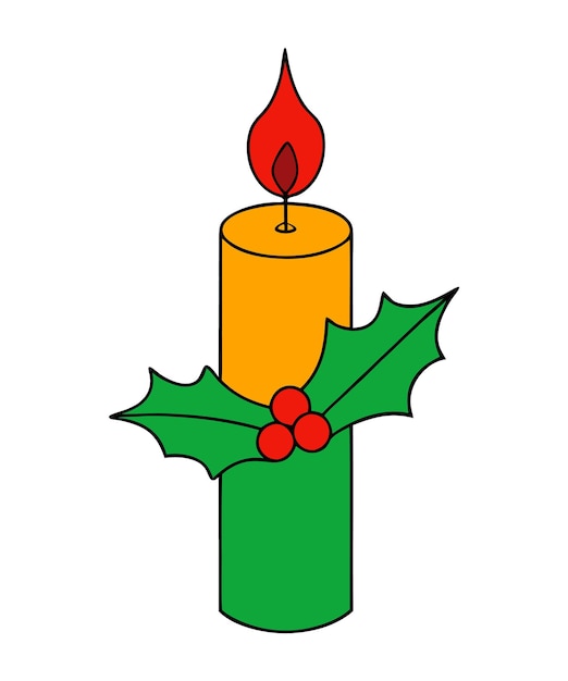 Vela de Navidad dibujada a mano con silueta de bayas
