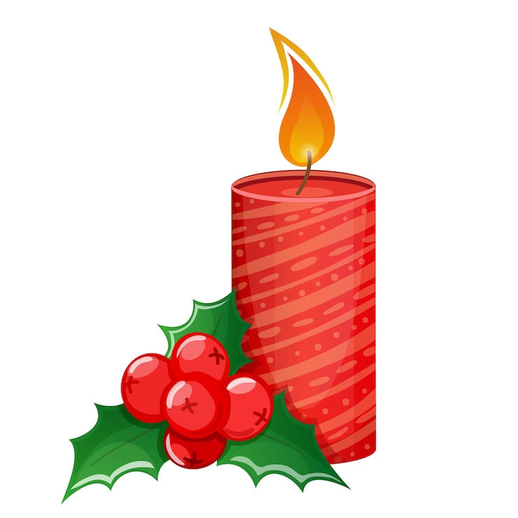Vector vela de navidad de dibujos animados y acebo sobre un fondo blanco.