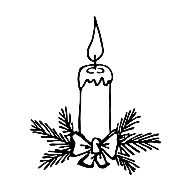 Vela navideña encendida con ramas de abeto Ilustración de un solo garabato Imágenes prediseñadas dibujadas a mano para el diseño del logotipo de la tarjeta