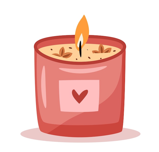 Vela perfumada en un frasco aislado sobre fondo blanco. Tiempo de higienización. Vela aromática acogedora. Ilustración de vector plano dibujado a mano.