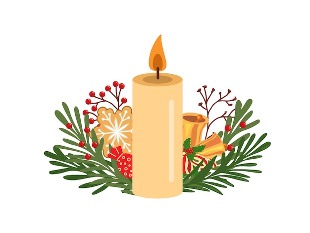 Vela plana de estilo ardiente decorada con ramas de Navidad con bayas rojas campanas de Navidad dulces