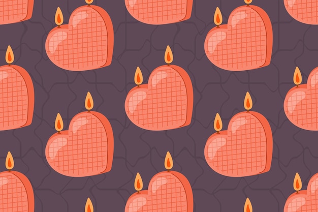 Vela plana roja decorativa interior en forma de corazón con una llama patrón de dibujos animados sin costuras vectorial