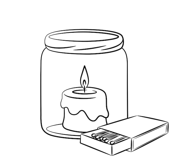 Vela simple de dibujo lineal en un frasco con una caja de fósforos. Vela ardiente dibujada a mano.