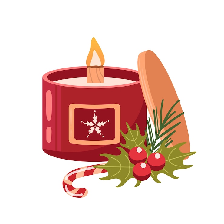 Vector vela de soja hecha a mano en un frasco de vidrio con una mecha de madera llena de olores navideños festivos