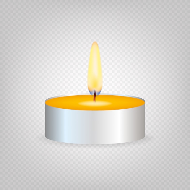 Vela de té o vela en una caja. Luz de vela realista o llama de luz de té