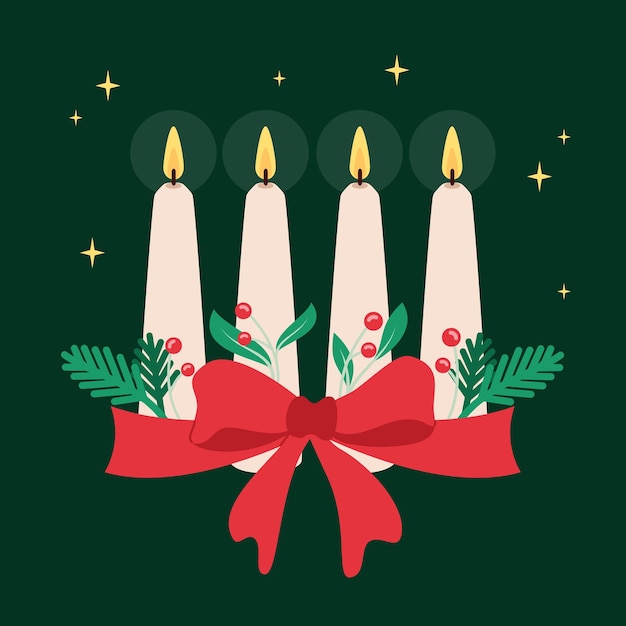 Velas de adviento navideñas festivas con ramas de abeto y bayas rojas ilustración en estilo plano