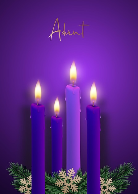 Velas de adviento sobre un fondo morado oscuro 4 velas violetas realistas