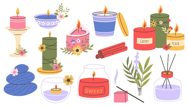 Vector velas aromáticas velas encendidas de cera de aromaterapia acogedor accesorio para el hogar velas decorativas de aromaterapia de parafina conjunto de ilustración vectorial velas aromáticas de dibujos animados