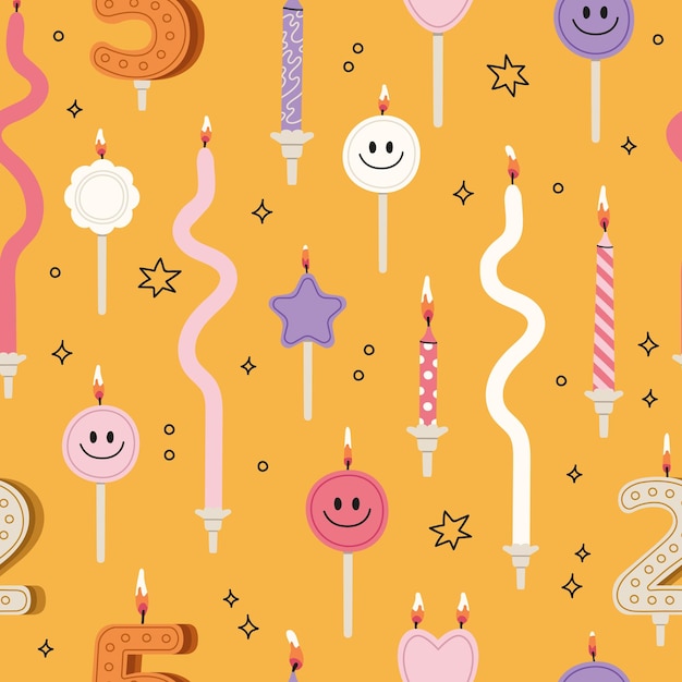 Velas de cumpleaños coloridas de patrones sin fisuras. Velas de edad infantil dibujadas a mano. regalos de la ducha del bebé
