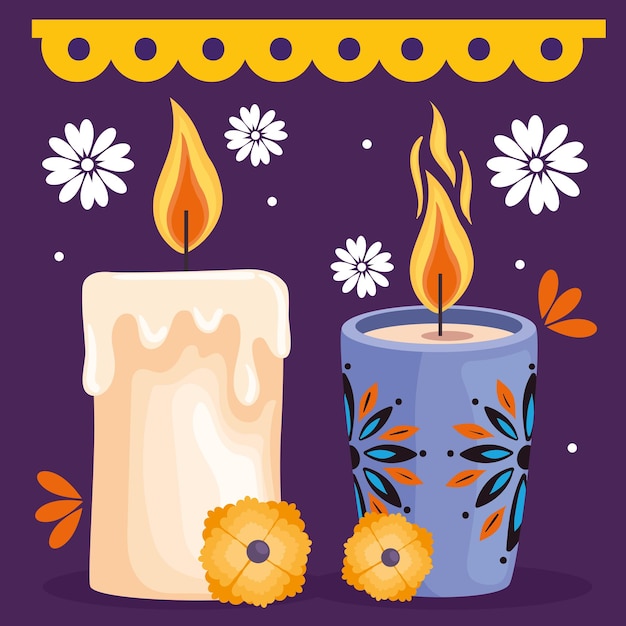 Vector velas dia de los muertos con flores