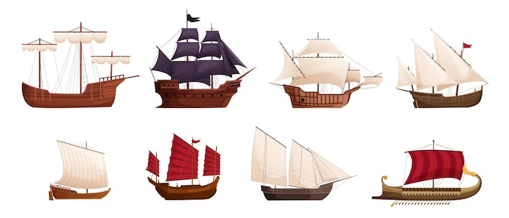 Vector velas de dibujos animados antiguos naves de madera naves de vela naves de viento vela de pirata fregata naves de guerra longboat simple goleta nave tradicional vela de mar antigua galeón ingenioso conjunto vectorial de embarcaciones naves antiguas