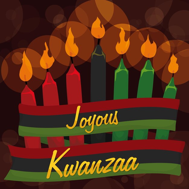 Velas para Kwanzaa con bandera de colores tradicionales a su alrededor sobre un fondo oscuro con efecto bokeh