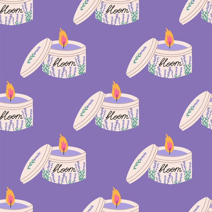 Vector velas de lavanda en tarro vector plano de patrones sin fisuras lindas velas de aromaterapia con flores