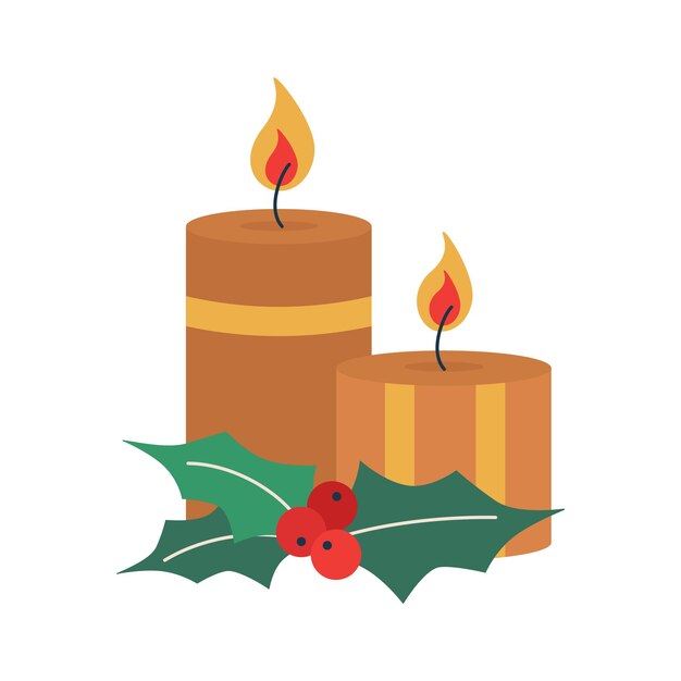 Velas de Navidad con bayas y hojas de muérdago Elementos de vacaciones de invierno