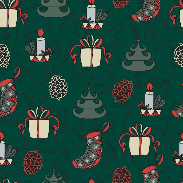 Velas navideñas Bolas navideñas en forma de árboles Calcetines navideños cajas de regalos y conos en el fondo de un árbol de Navidad vector de patrones sin fisuras Fondo de invierno para embalaje