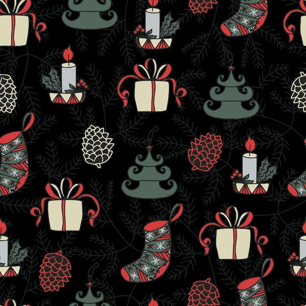 Velas navideñas Bolas navideñas en forma de árboles Calcetines navideños cajas de regalos y conos en el fondo de un árbol de Navidad vector de patrones sin fisuras Fondo de invierno para embalaje