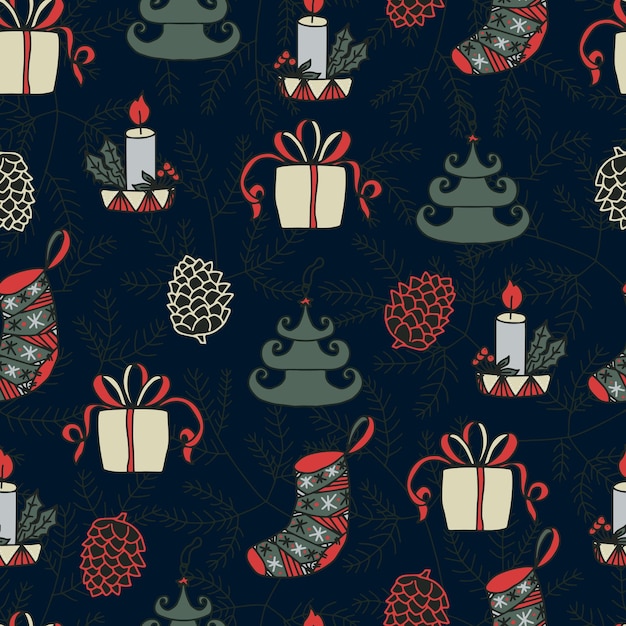 Velas navideñas Bolas navideñas en forma de árboles Calcetines navideños cajas de regalos y conos en el fondo de un árbol de Navidad vector de patrones sin fisuras Fondo de invierno para embalaje