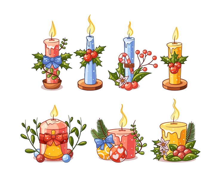 Vector las velas navideñas decoradas con hojas de acebo, bayas y adornos capturan el espíritu de la temporada
