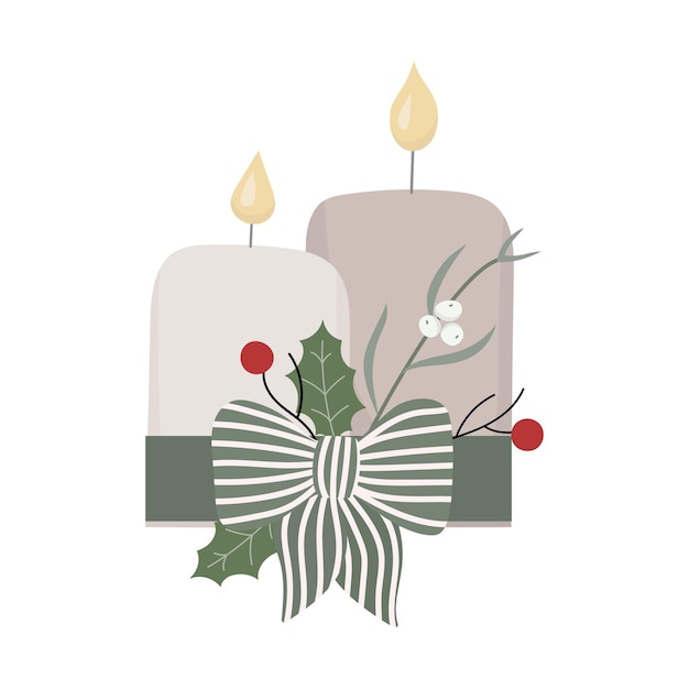 Velas navideñas con ilustración de vector de muérdago de lazo verde se puede usar para la tarjeta de correo web de banner