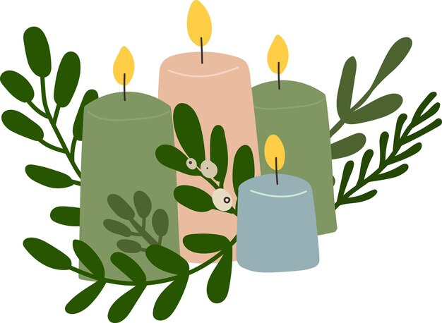 Velas navideñas con ramas de hojas