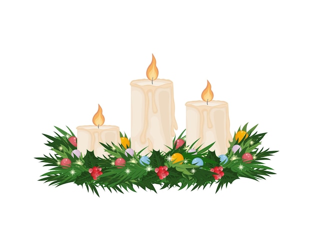 Velas navideñas tres velas blancas decoradas con coronas navideñas quemando velas de año nuevo chri