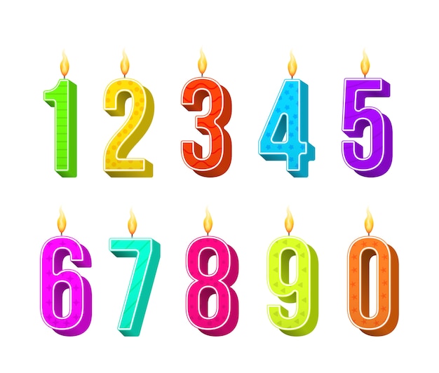Velas de pastel de celebración, luces encendidas, números de cumpleaños y velas de fiesta. Velas de cumpleaños de diferentes colores con llamas ardientes. Números de dibujos animados.