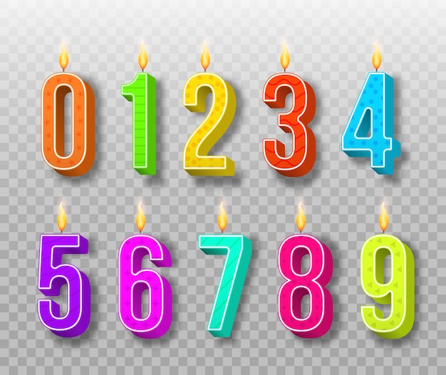Velas de pastel de celebración, luces encendidas, números de cumpleaños y velas de fiesta. Velas de cumpleaños de diferentes colores con llamas ardientes. Números de dibujos animados.