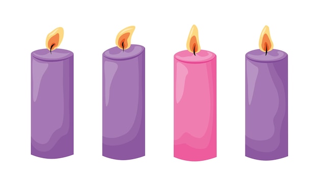 Velas púrpuras y rosadas aisladas sobre el fondo blanco. tiempo de adviento. ilustración vectorial