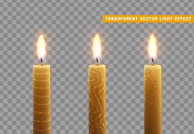 Las velas se queman con fuego. Conjunto de velas de parafina 3d realistas aisladas sobre fondo transparente. Elemento para la decoración de diseño. ilustración vectorial