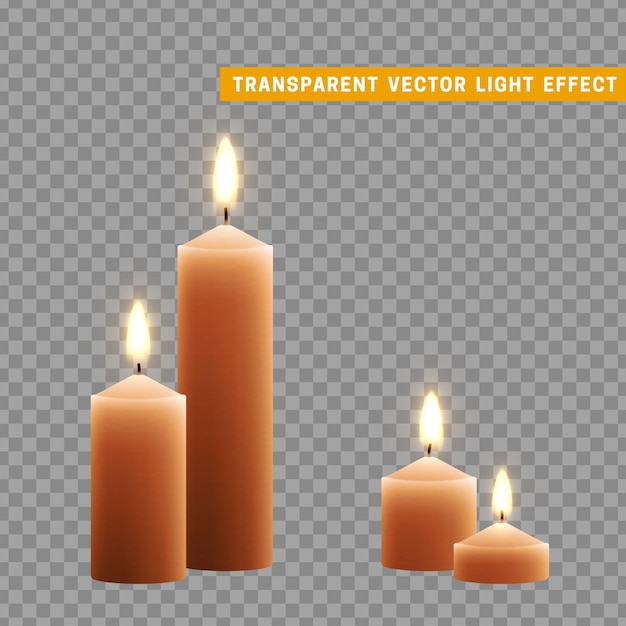 Las velas se queman con fuego. Conjunto de velas de parafina realistas aisladas sobre fondo transparente. Elemento para la decoración de diseño, ilustración vectorial