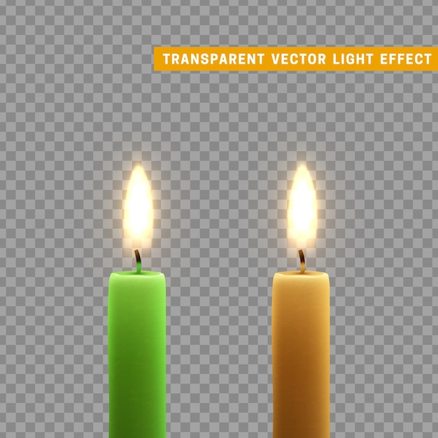 Las velas se queman con fuego. Conjunto de velas de parafina realistas aisladas sobre fondo transparente. Elemento para la decoración de diseño, ilustración vectorial