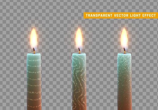 Las velas se queman con fuego. Conjunto de velas de parafina realistas aisladas sobre fondo transparente. Elemento para la decoración de diseño, ilustración vectorial