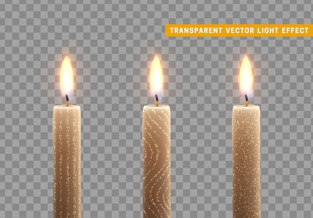 Las velas se queman con fuego. Conjunto de velas de parafina realistas aisladas sobre fondo transparente. Elemento para la decoración de diseño, ilustración vectorial