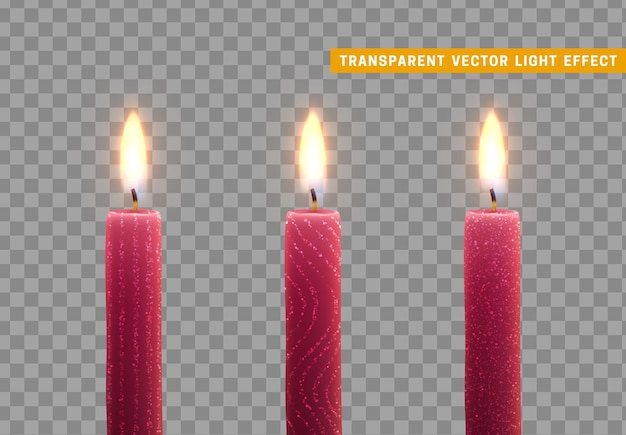 Las velas se queman con fuego. Conjunto de velas de parafina realistas aisladas sobre fondo transparente. Elemento para la decoración de diseño, ilustración vectorial