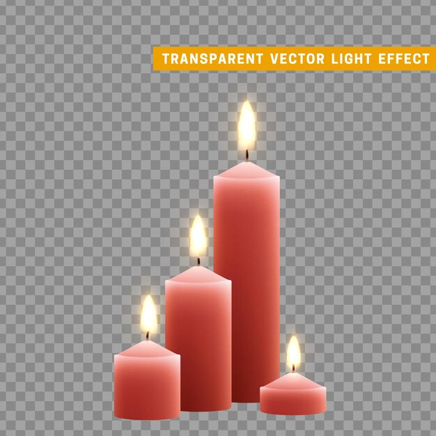 Las velas se queman con fuego. Conjunto de velas de parafina realistas aisladas sobre fondo transparente. Elemento para la decoración de diseño, ilustración vectorial