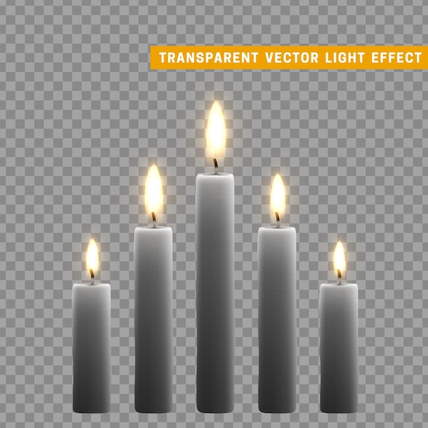 Las velas se queman con fuego realista. Conjunto aislado sobre fondo transparente. Elemento para la decoración de diseño, ilustración vectorial