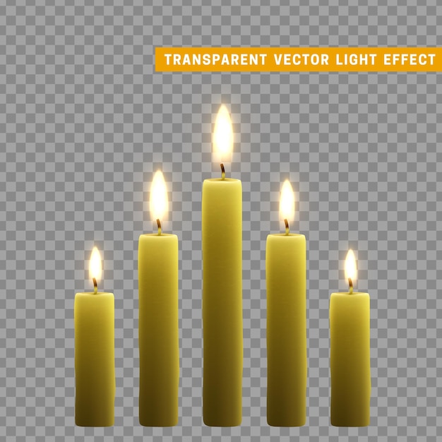 Las velas se queman con fuego realista. Conjunto aislado sobre fondo transparente. Elemento para la decoración de diseño, ilustración vectorial