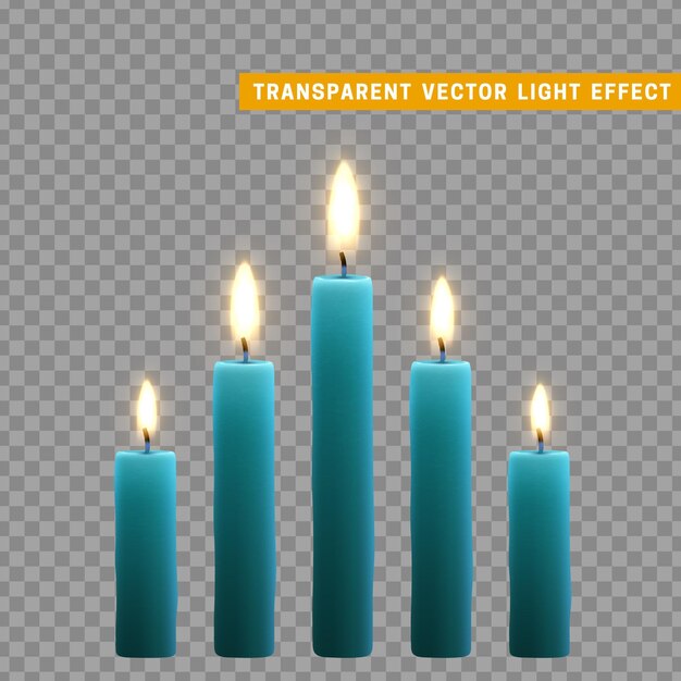Las velas se queman con fuego realista. Conjunto aislado sobre fondo transparente. Elemento para la decoración de diseño, ilustración vectorial