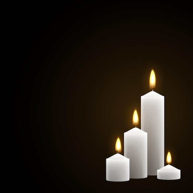 Las velas se queman con fuego realista. Conjunto aislado sobre fondo transparente. Elemento para la decoración de diseño, ilustración vectorial