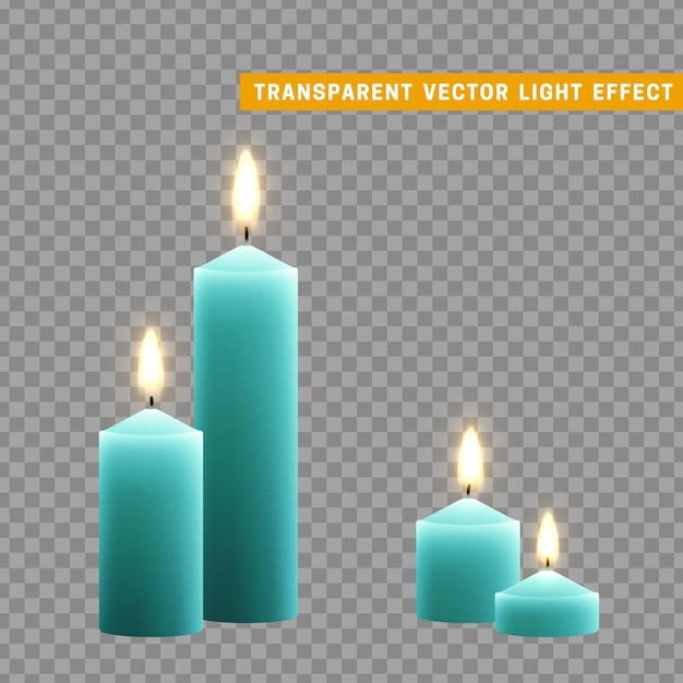 Las velas se queman con fuego realista. Conjunto aislado sobre fondo transparente. Elemento para la decoración de diseño, ilustración vectorial