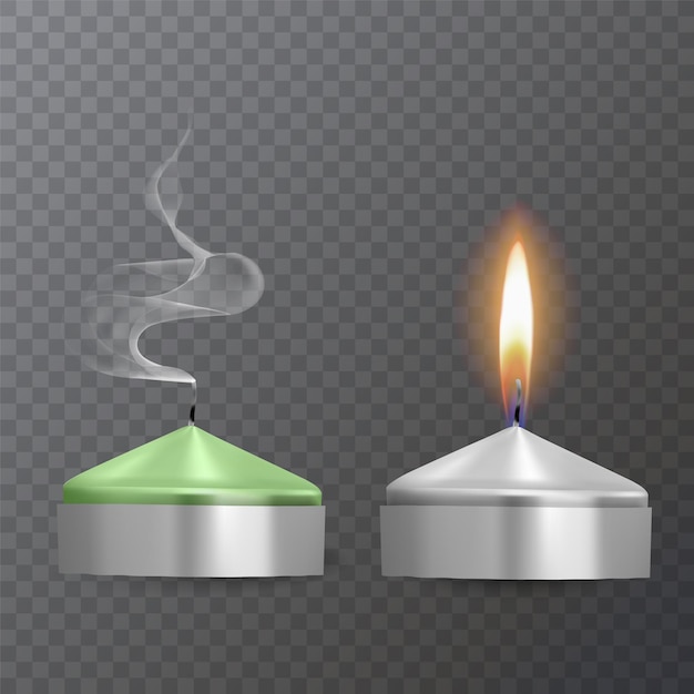 Velas realistas de colores verde y blanco, Velas encendidas y apagadas